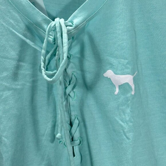 Victorias Secret PINK Top Womens XS Blue Lace Up Neck Tee Short Sleeve Split Hem - Picture 3 of 8